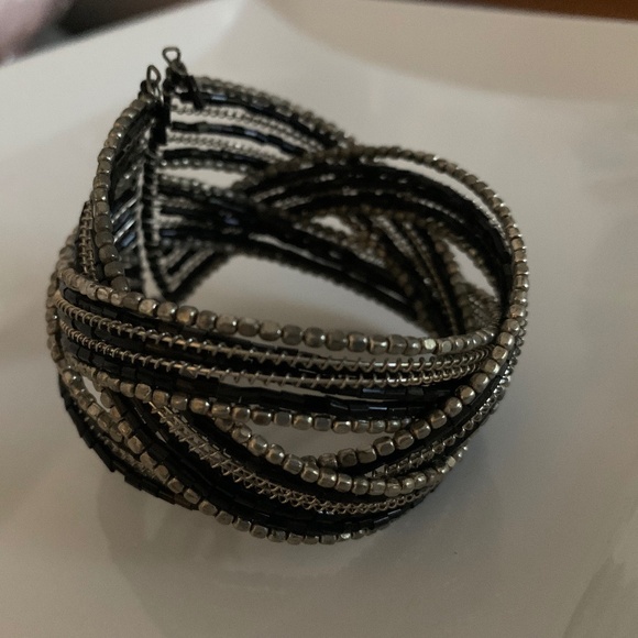 Silver & Black Beaded Cuff Bracelet – Multi-Strand Crisscross Design - Picture 3 of 5